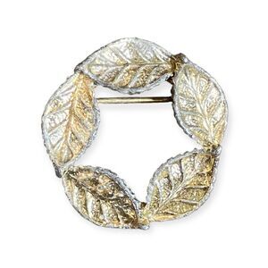 Gerrys Vintage Gold Silver Tone Leaf Wreath Circle Brooch Pin Nature Inspired